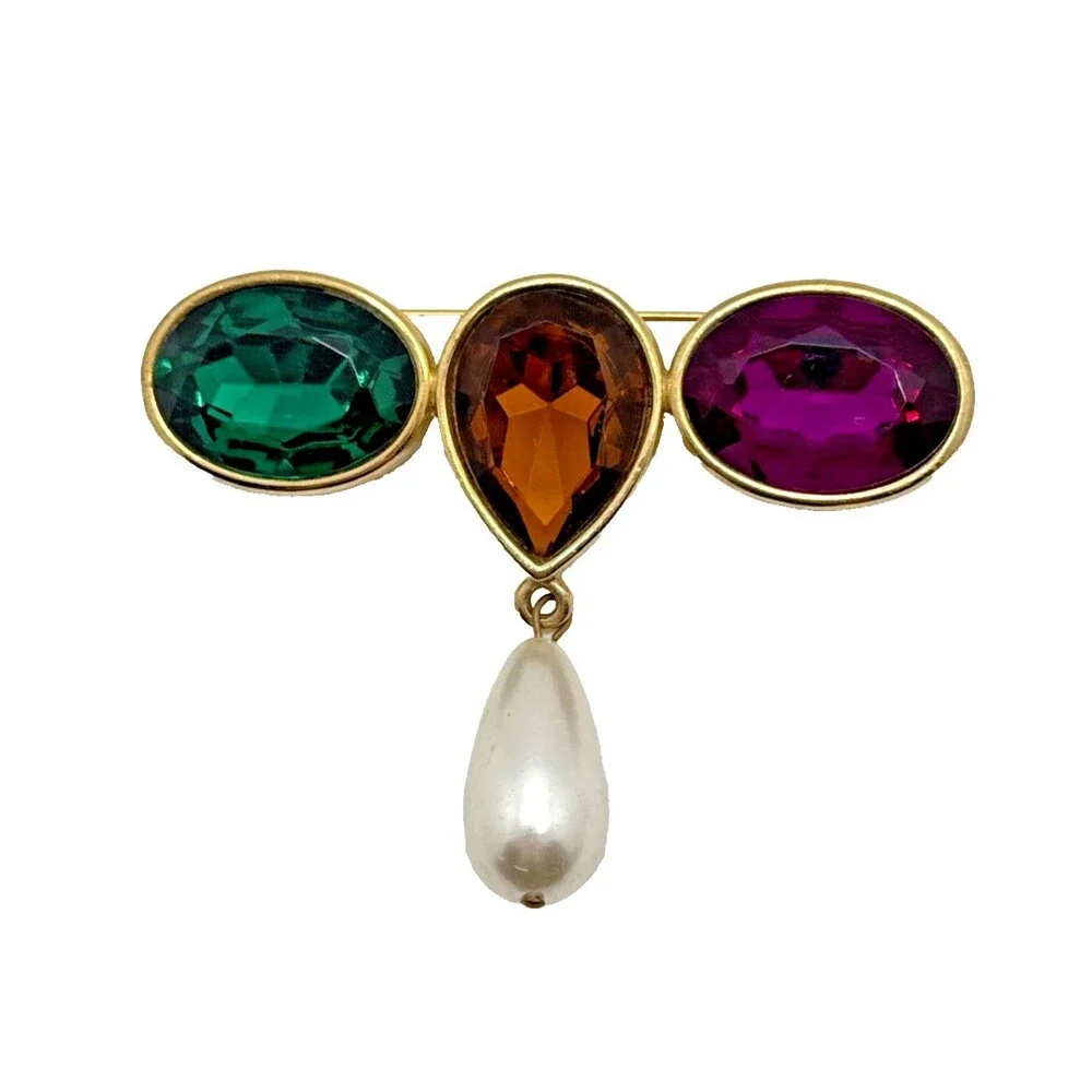 Vintage Rhinestone Gold Tone Bar Brooch Art Deco Chunky Green Amber Purple 3